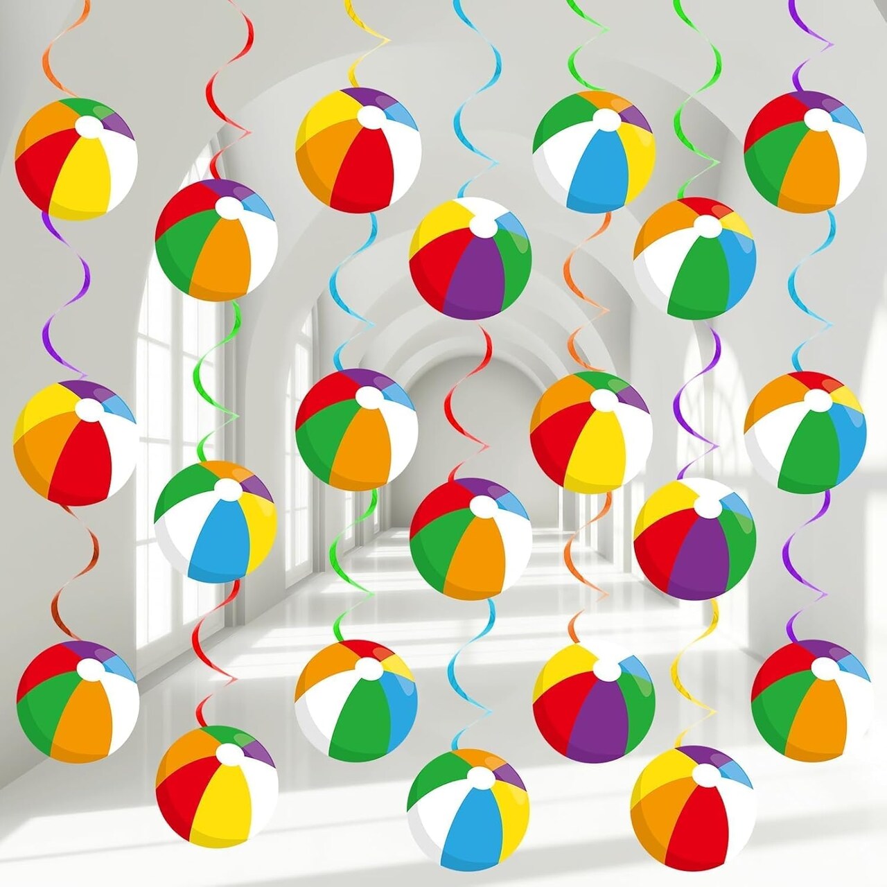 60-Pack Beach Ball Party Swirl Decorations – Summer Pool Ceiling Hanging Foil Swirls with Beach Cutouts for Birthday Parties, Indoor & Outdoor Decor, Party Favors